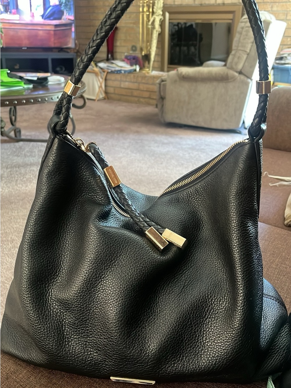 Michael Kors Collection Black Pebbled Leather Shoulder Hobo with Braided Handle